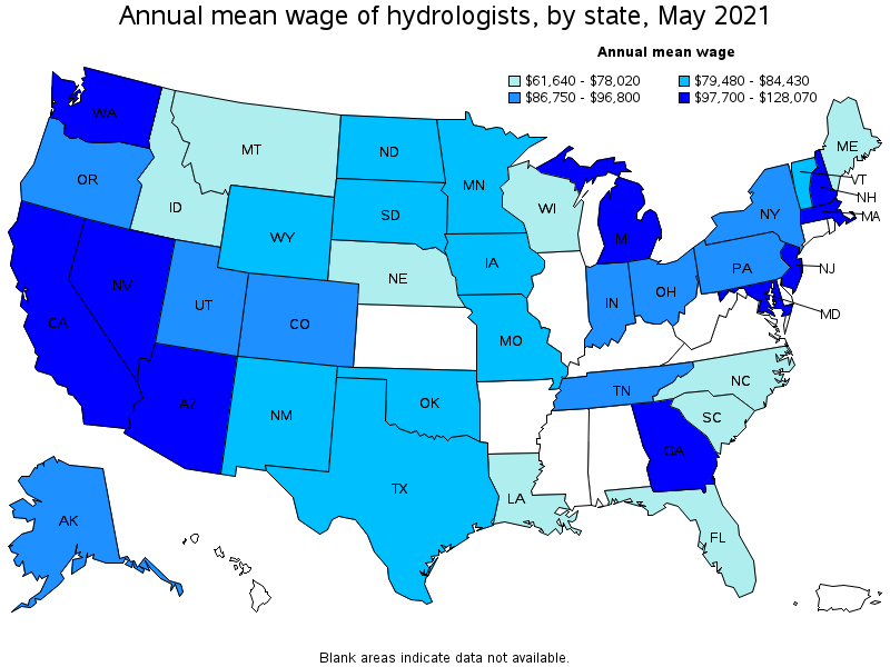 Map of annual mean wages of hydrologists by state, May 2021