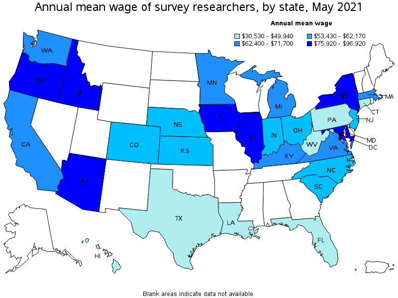 Map of annual mean wages of survey researchers by state, May 2021