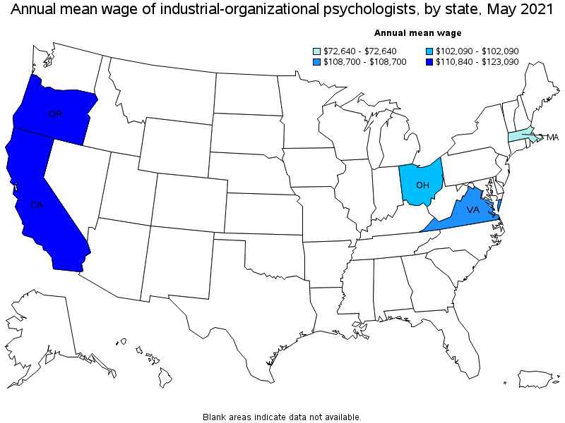 Map of annual mean wages of industrial-organizational psychologists by state, May 2021