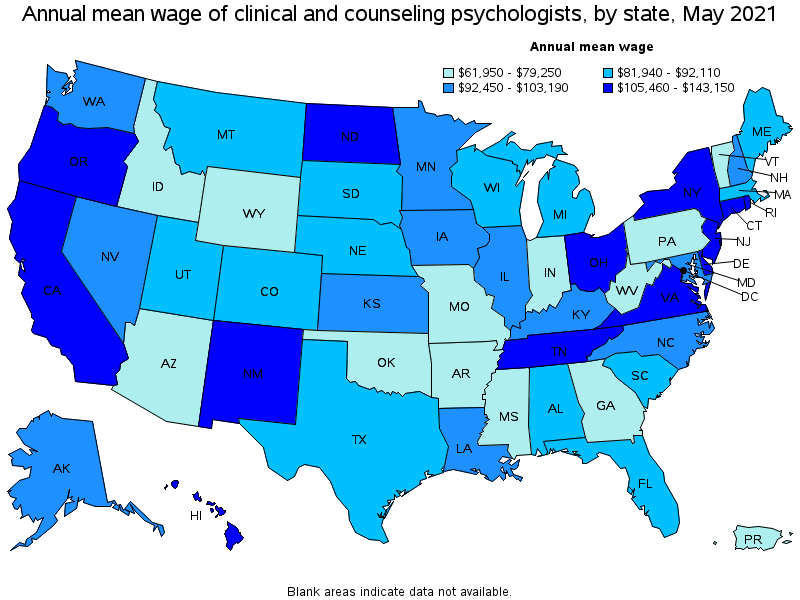 Map of annual mean wages of clinical and counseling psychologists by state, May 2021
