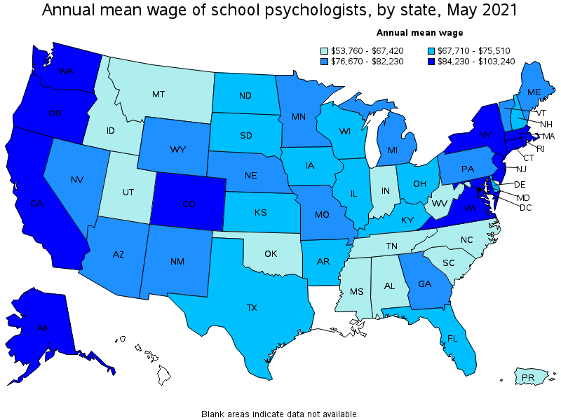Map of annual mean wages of school psychologists by state, May 2021