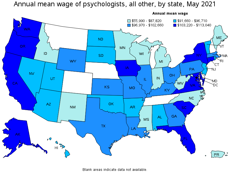 Map of annual mean wages of psychologists, all other by state, May 2021