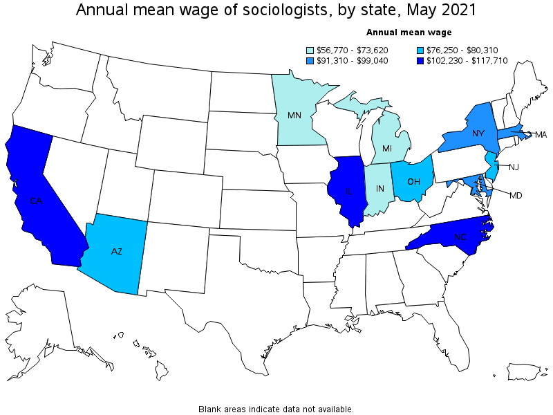 Map of annual mean wages of sociologists by state, May 2021