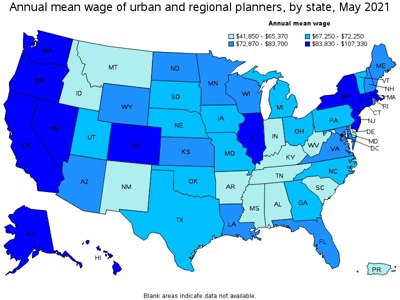 Map of annual mean wages of urban and regional planners by state, May 2021