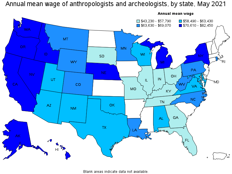 Map of annual mean wages of anthropologists and archeologists by state, May 2021