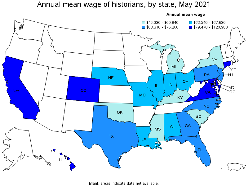 Map of annual mean wages of historians by state, May 2021