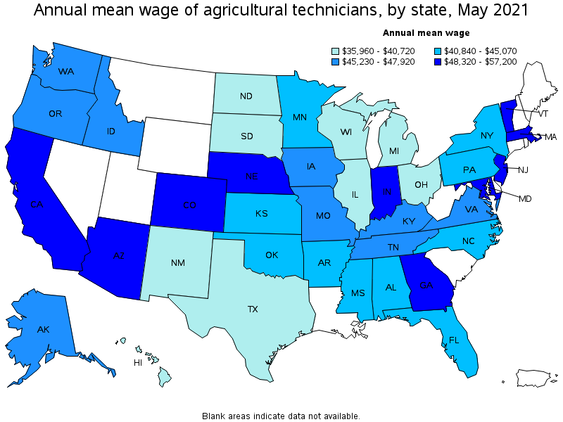 Map of annual mean wages of agricultural technicians by state, May 2021