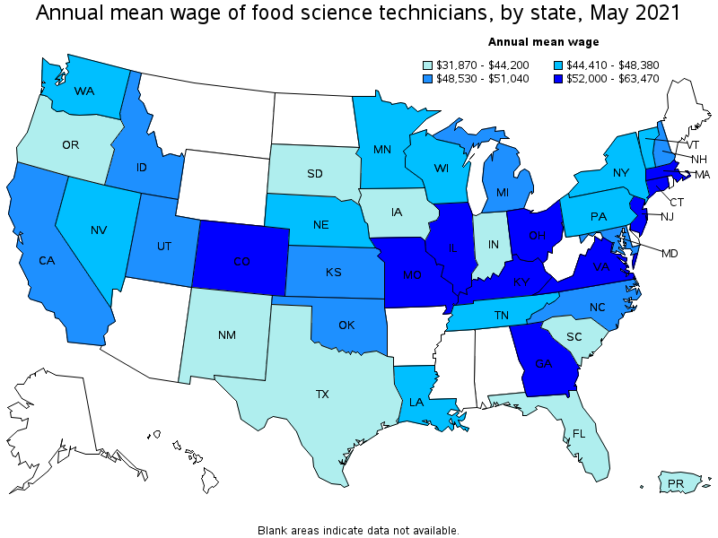 Map of annual mean wages of food science technicians by state, May 2021