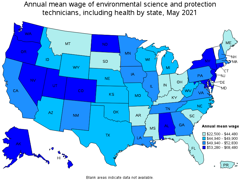Map of annual mean wages of environmental science and protection technicians, including health by state, May 2021