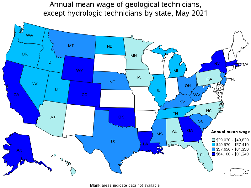 Map of annual mean wages of geological technicians, except hydrologic technicians by state, May 2021