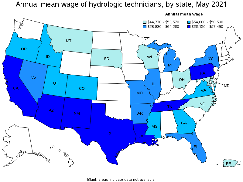 Map of annual mean wages of hydrologic technicians by state, May 2021