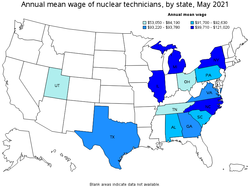 Map of annual mean wages of nuclear technicians by state, May 2021