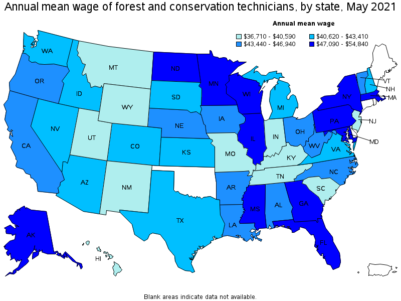 Map of annual mean wages of forest and conservation technicians by state, May 2021