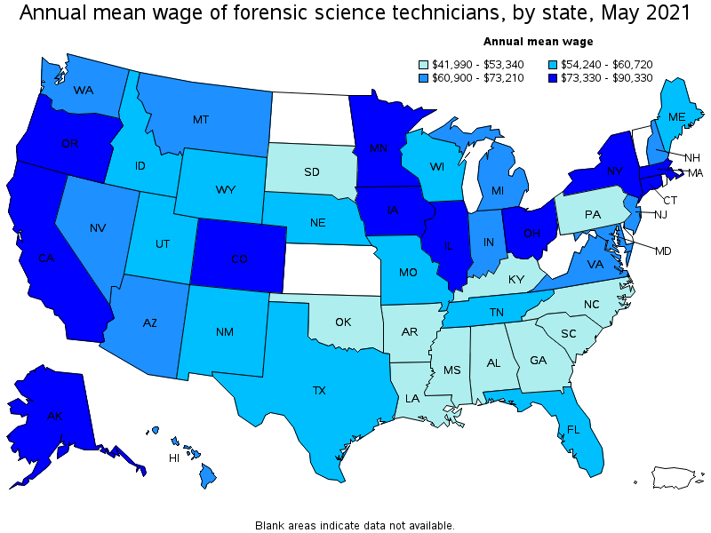 Map of annual mean wages of forensic science technicians by state, May 2021