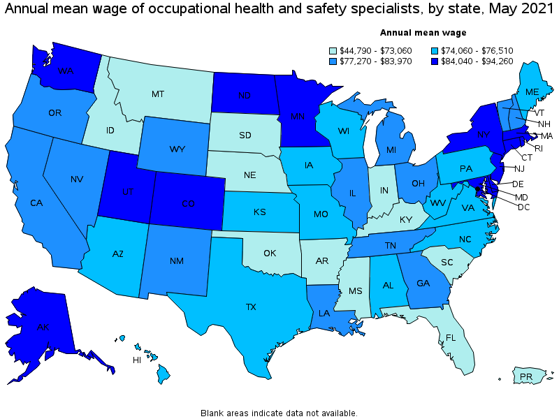 Map of annual mean wages of occupational health and safety specialists by state, May 2021