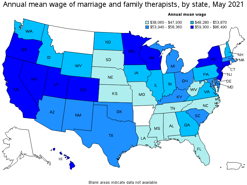 Map of annual mean wages of marriage and family therapists by state, May 2021