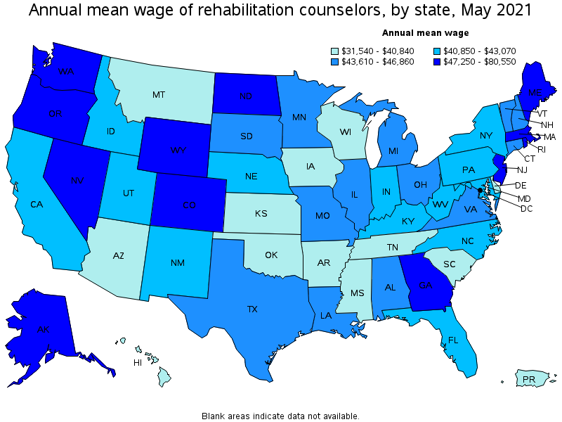 Map of annual mean wages of rehabilitation counselors by state, May 2021