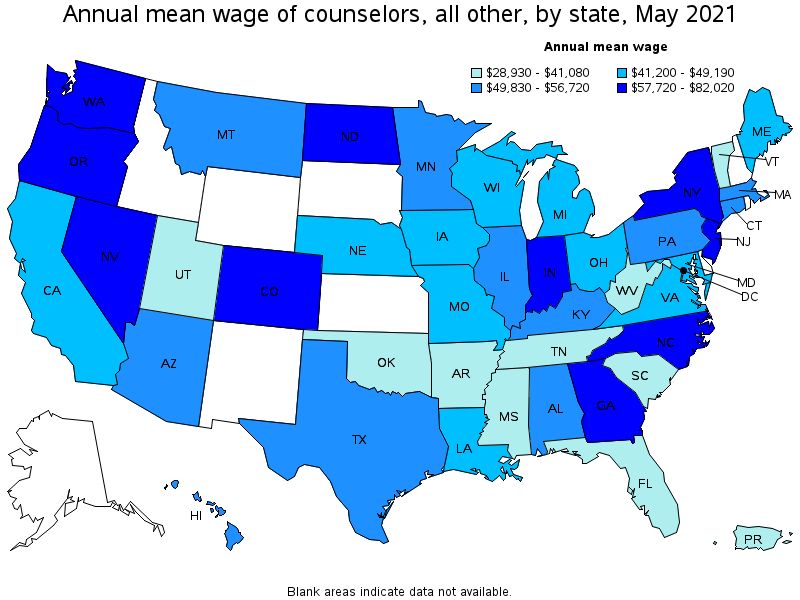 Map of annual mean wages of counselors, all other by state, May 2021