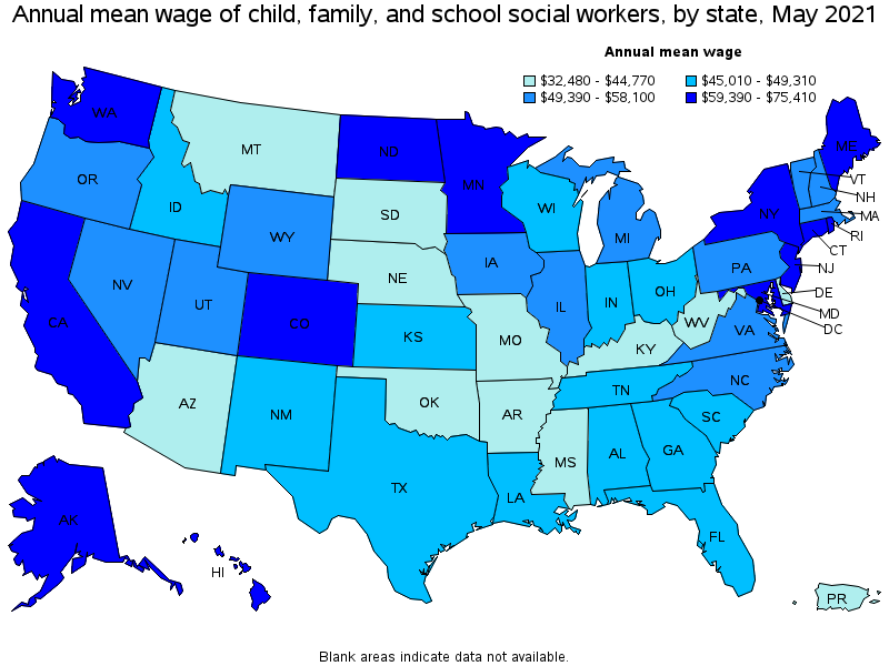 Map of annual mean wages of child, family, and school social workers by state, May 2021
