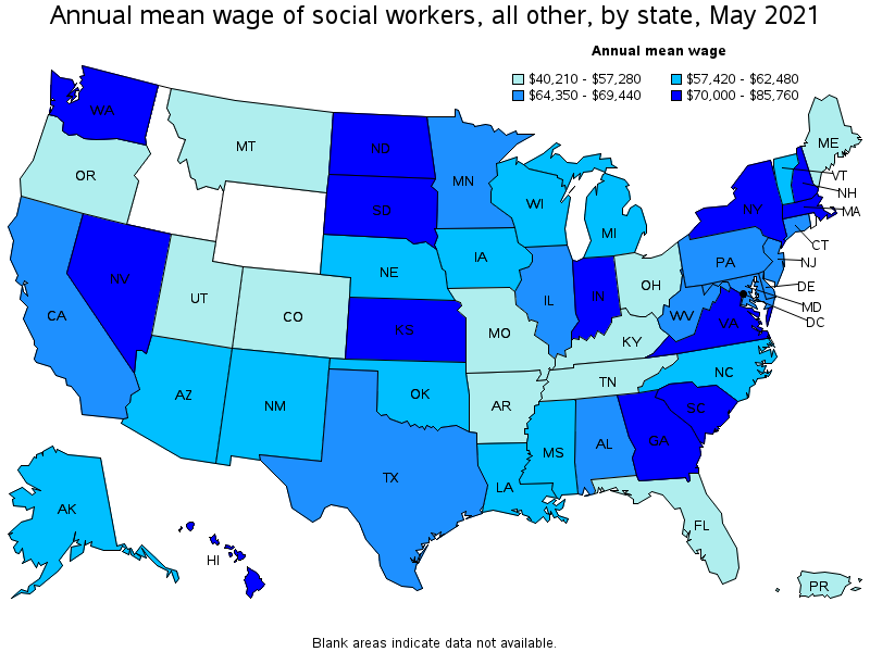 Map of annual mean wages of social workers, all other by state, May 2021