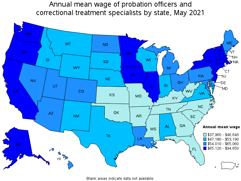 Map of annual mean wages of probation officers and correctional treatment specialists by state, May 2021