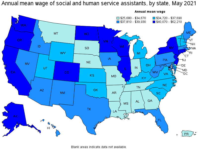 Map of annual mean wages of social and human service assistants by state, May 2021