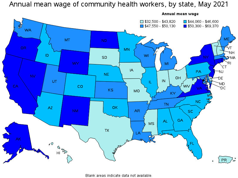 Map of annual mean wages of community health workers by state, May 2021