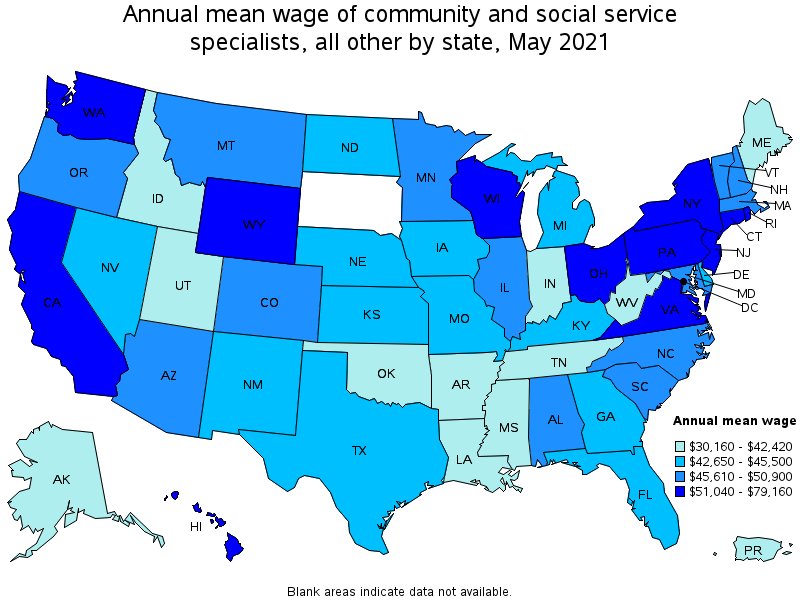 Map of annual mean wages of community and social service specialists, all other by state, May 2021