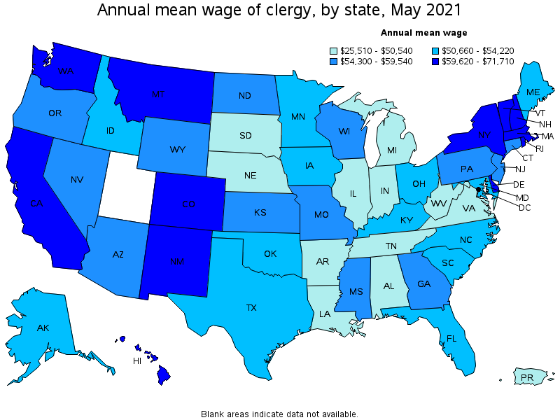 Map of annual mean wages of clergy by state, May 2021