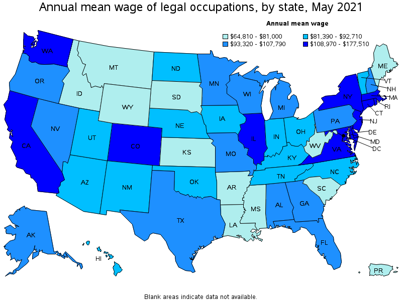 Map of annual mean wages of legal occupations by state, May 2021