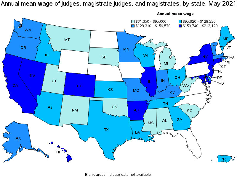 Map of annual mean wages of judges, magistrate judges, and magistrates by state, May 2021