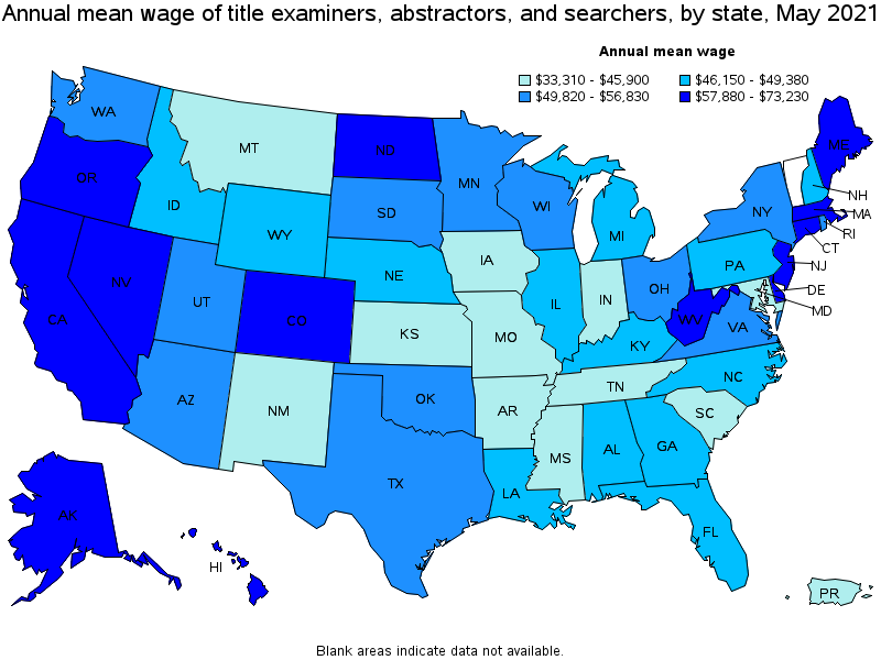 Map of annual mean wages of title examiners, abstractors, and searchers by state, May 2021