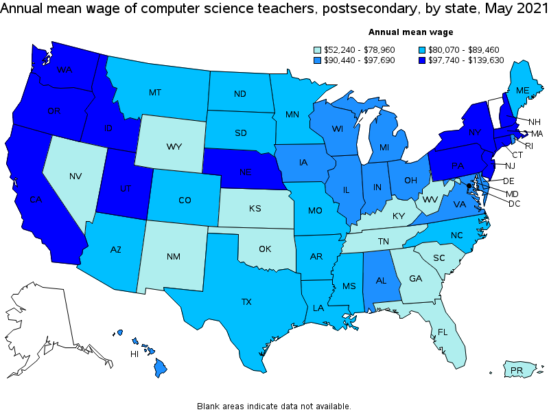 Map of annual mean wages of computer science teachers, postsecondary by state, May 2021
