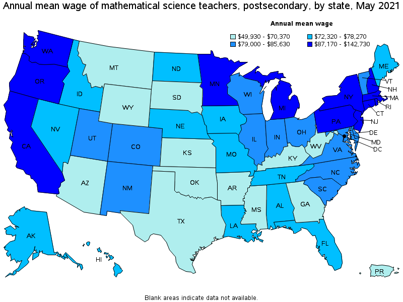 Map of annual mean wages of mathematical science teachers, postsecondary by state, May 2021