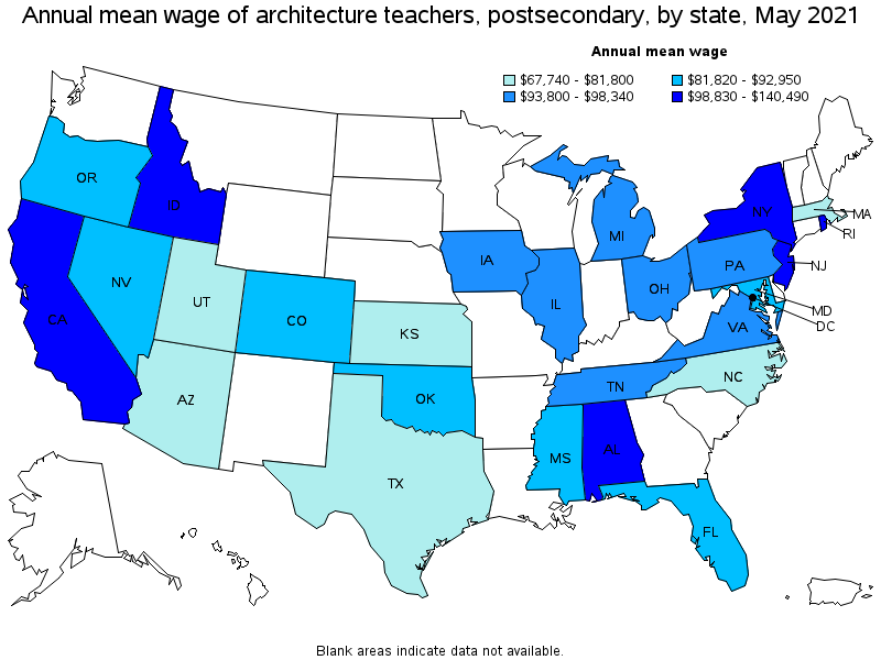 Map of annual mean wages of architecture teachers, postsecondary by state, May 2021