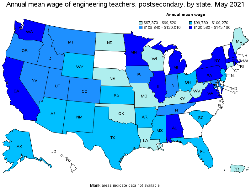 Map of annual mean wages of engineering teachers, postsecondary by state, May 2021
