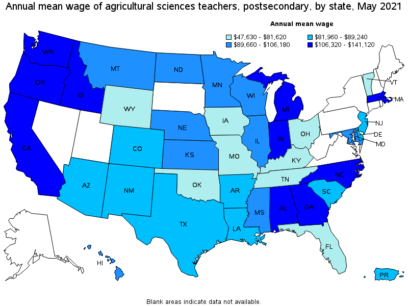 Map of annual mean wages of agricultural sciences teachers, postsecondary by state, May 2021
