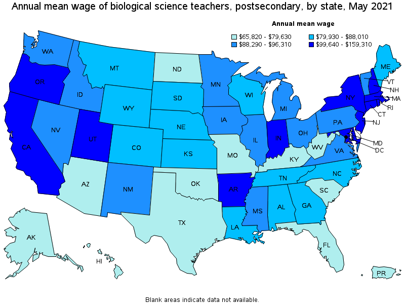 Map of annual mean wages of biological science teachers, postsecondary by state, May 2021