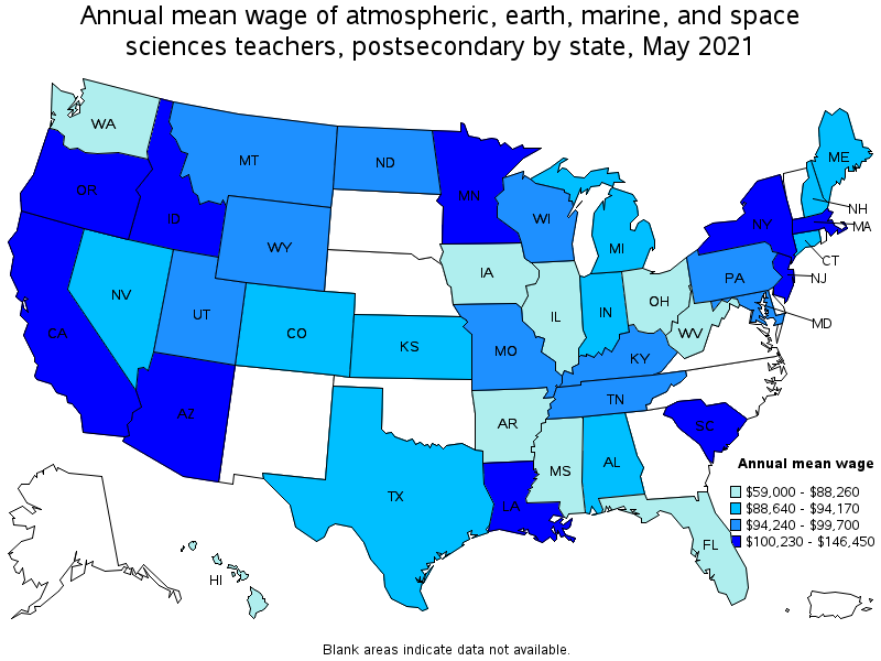 Map of annual mean wages of atmospheric, earth, marine, and space sciences teachers, postsecondary by state, May 2021