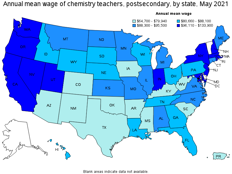 Map of annual mean wages of chemistry teachers, postsecondary by state, May 2021