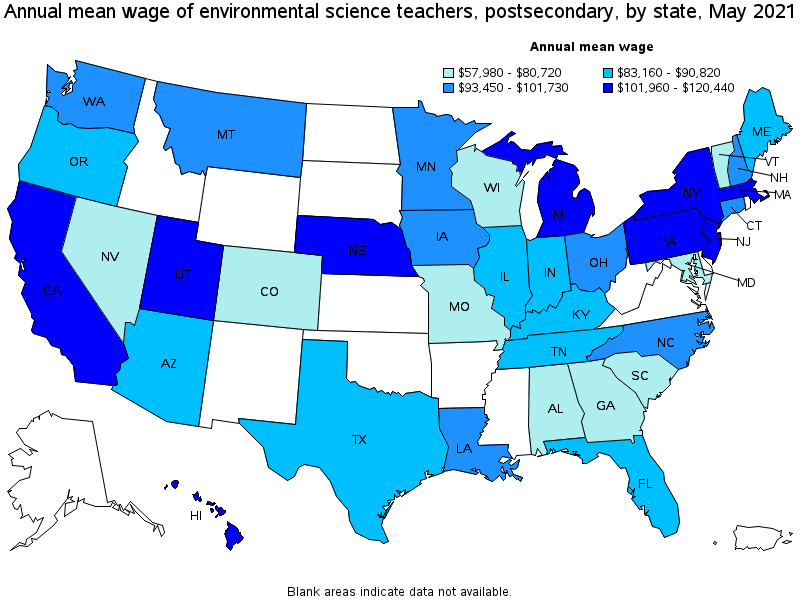 Map of annual mean wages of environmental science teachers, postsecondary by state, May 2021