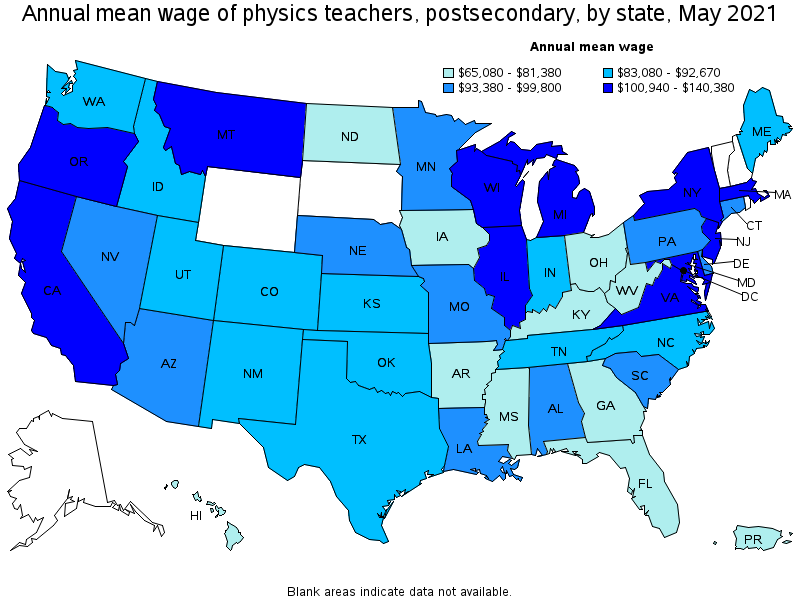 Map of annual mean wages of physics teachers, postsecondary by state, May 2021