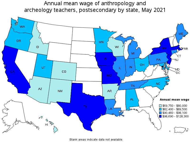 Map of annual mean wages of anthropology and archeology teachers, postsecondary by state, May 2021