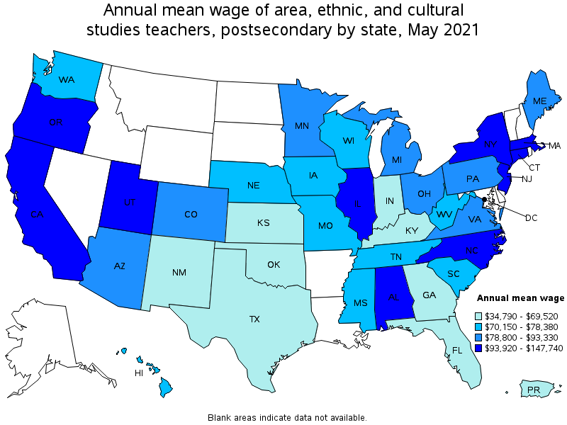 Map of annual mean wages of area, ethnic, and cultural studies teachers, postsecondary by state, May 2021