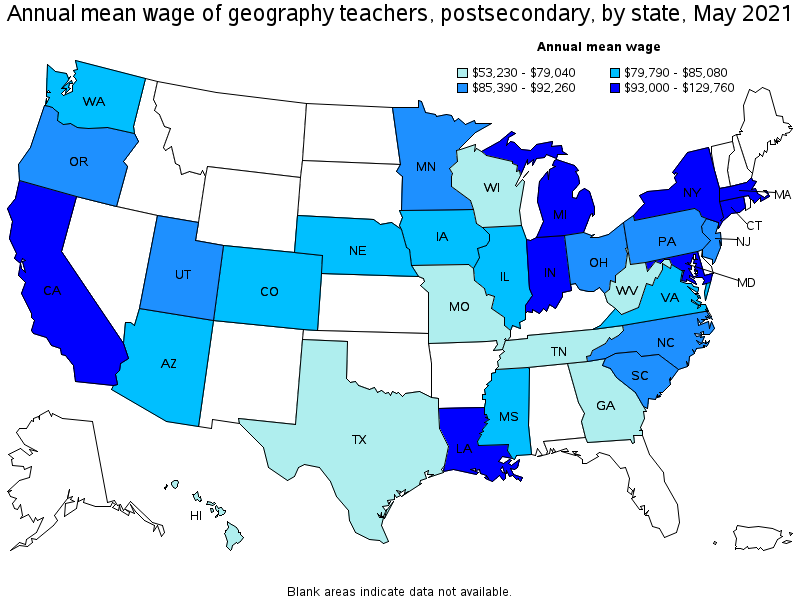Map of annual mean wages of geography teachers, postsecondary by state, May 2021