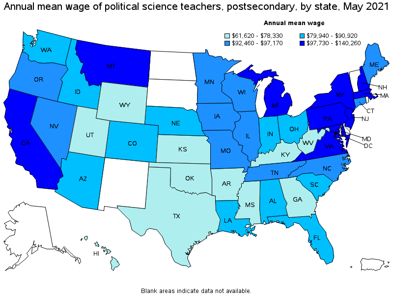 Map of annual mean wages of political science teachers, postsecondary by state, May 2021