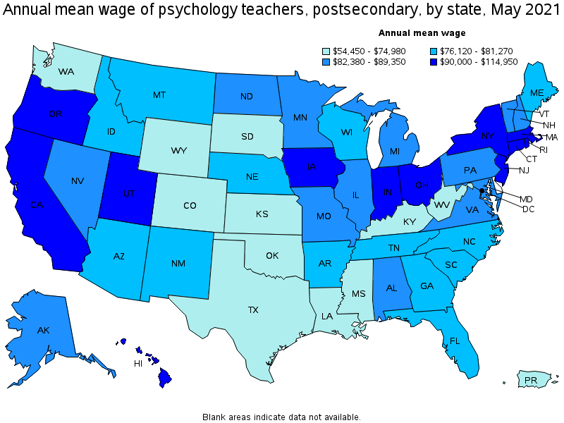Map of annual mean wages of psychology teachers, postsecondary by state, May 2021