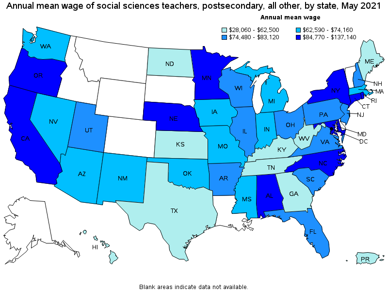 Map of annual mean wages of social sciences teachers, postsecondary, all other by state, May 2021