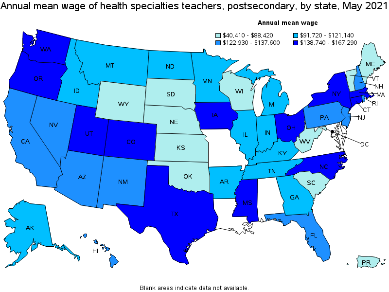 Map of annual mean wages of health specialties teachers, postsecondary by state, May 2021
