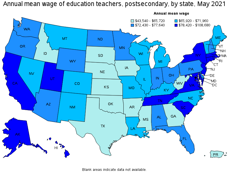Map of annual mean wages of education teachers, postsecondary by state, May 2021